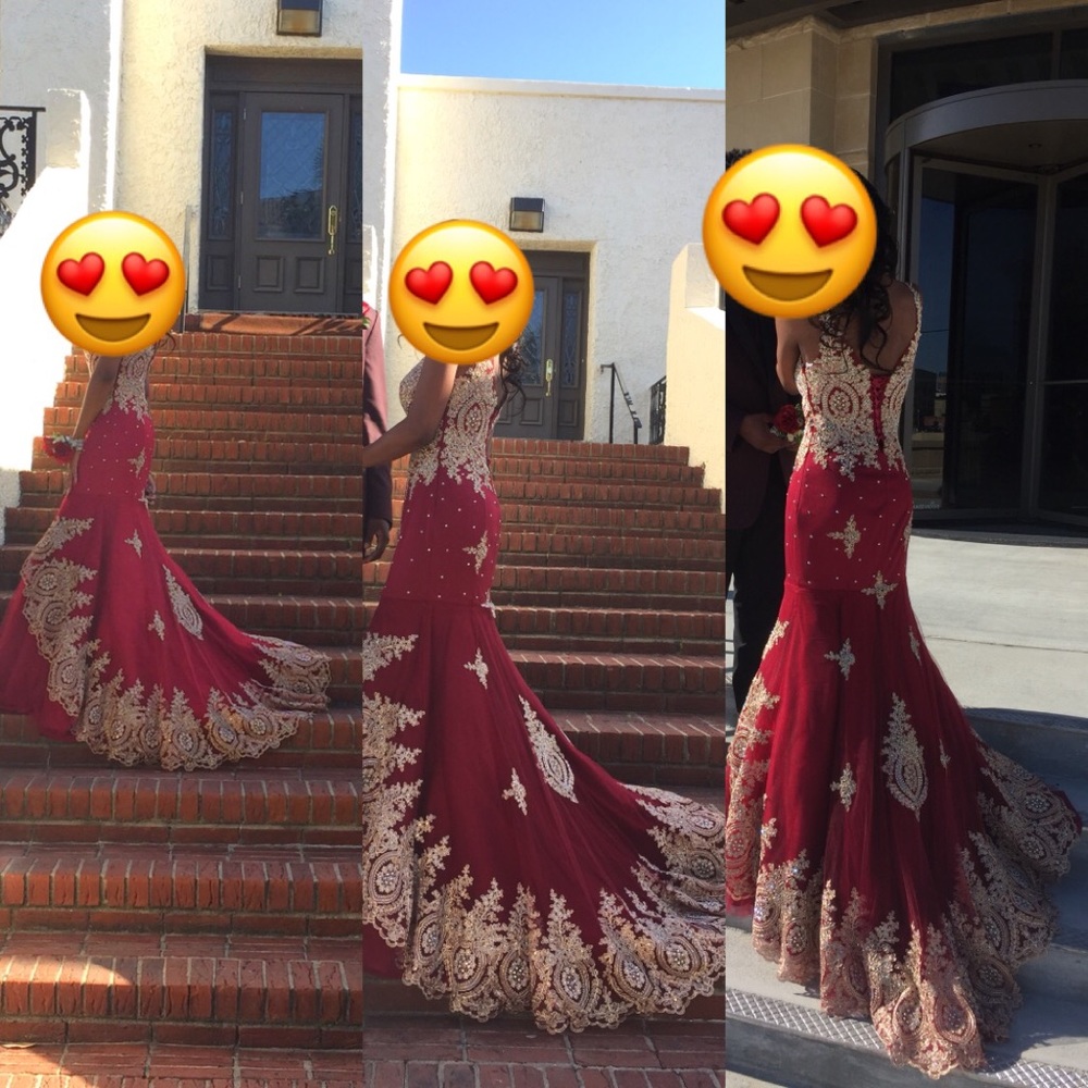 Burgundy/Maroon/Wine Red and Gold Prom Dress